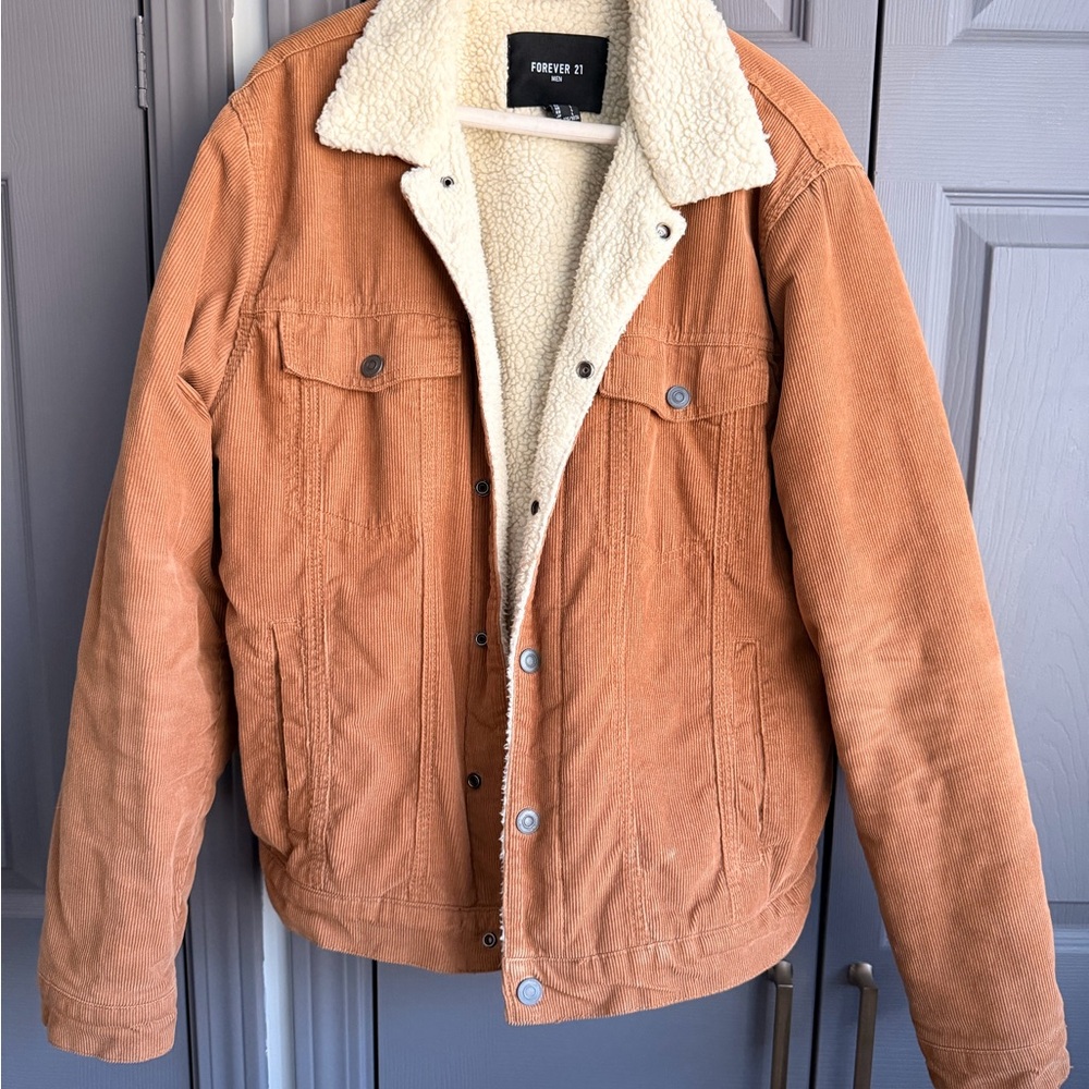 Forever 21 Men's Brown Corduroy Jacket with Cream Sherpa Lining